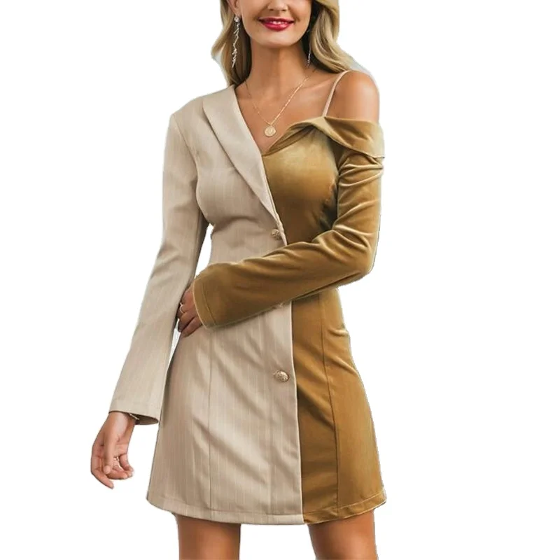 Clothing Manufacturer Shawl Collar Cold Shoulder Long Sleeves Colorblock Velvet Blazer for Women