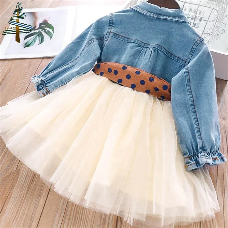 Toddler Girls White Gauze Dress Spring Princess Tutu Dress with Polka Dot Belt Long Sleeve Denim Dress With Mesh For Kids