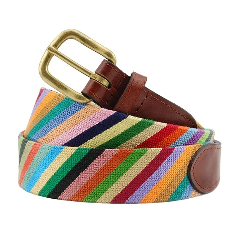 Fancy Parsons Stripe Ladies Cowhide Genuine Leather Needlepoint Belts