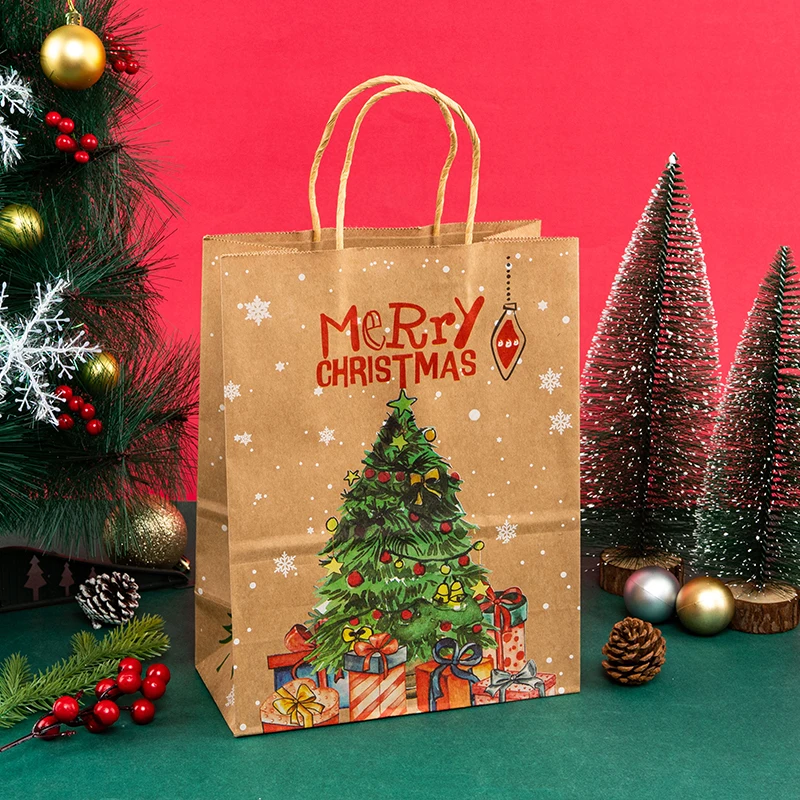Merry Christmas Gift Kraft Bags Brown Kraft Paper Bags with Santa Claus Printed Design Coffee Snack Packaging Christmas Gifts