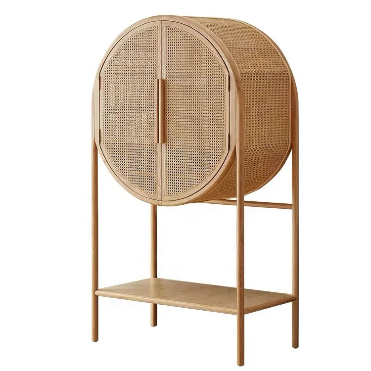 Luxury Restaurant Furniture Mid century-style Solid oak Double Door Rattan Weaving Storage Cabinet