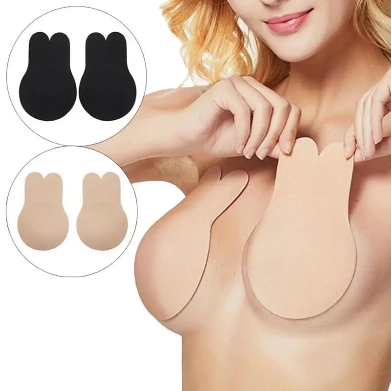 Women Rabbit Ear Shape Strapless Sexy Nipple Cover Push Up Boob Silicone Nipple Stickers Black Nude Nipple Covers