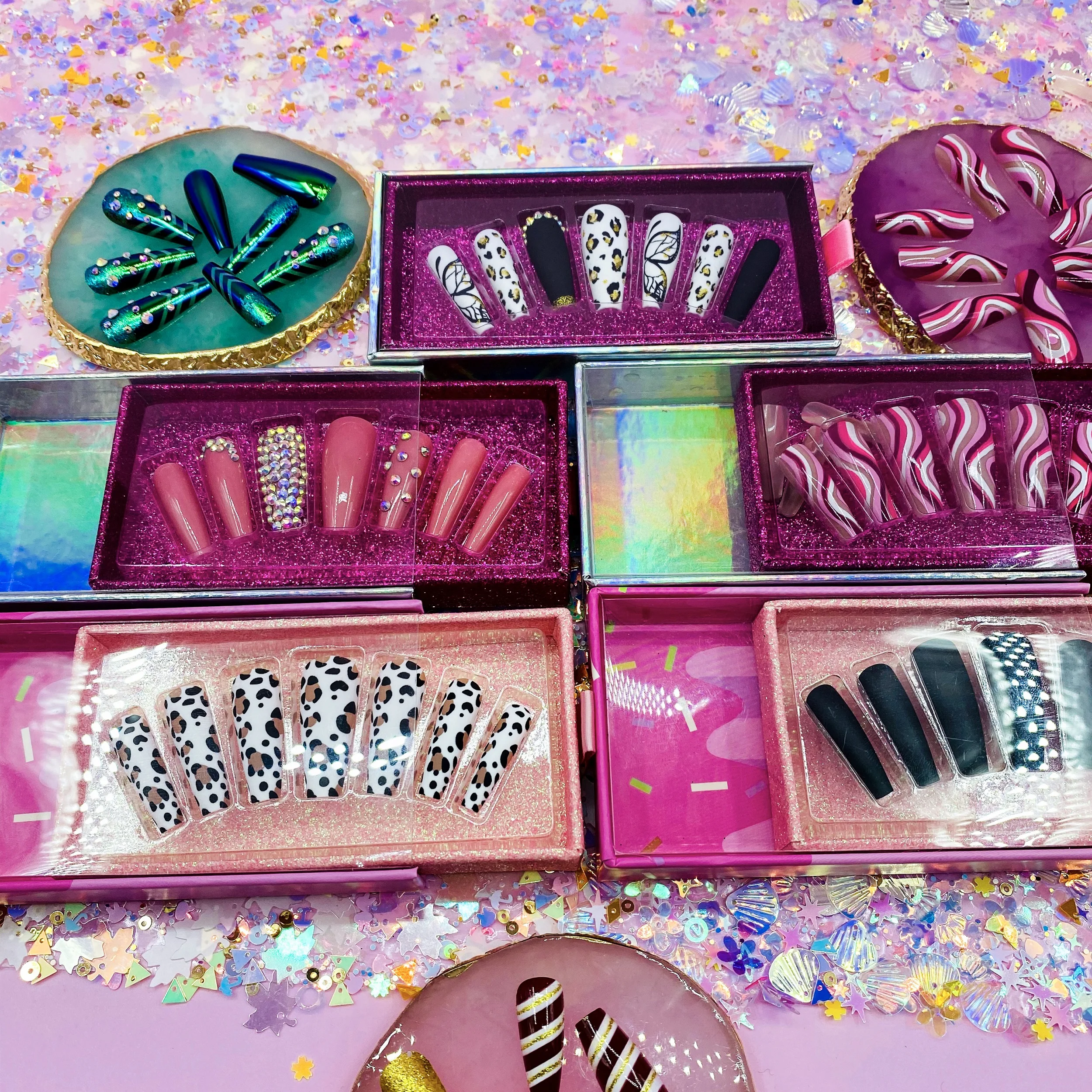 New Custom Design Luxury Personality Long Coffin Oval Finger Nails Full Cover Artificial Art Press On Acrylic Nails Tips