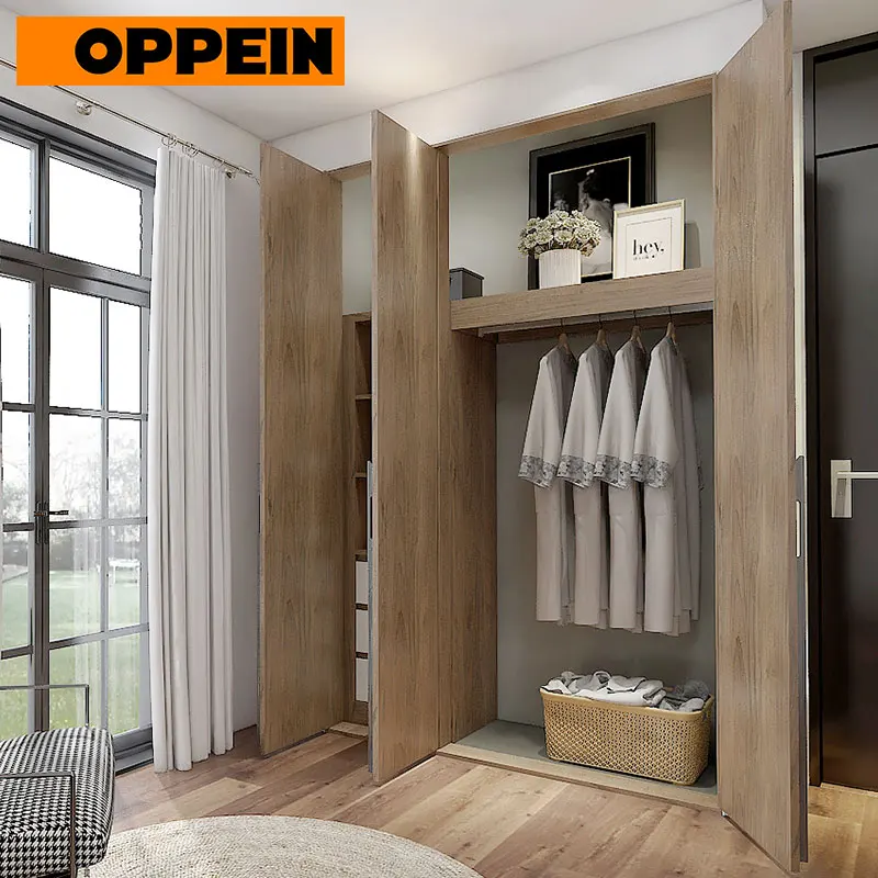 OPPEIN Modern Wood Color Melamine Swing Door Bedroom Wardrobe for Sale