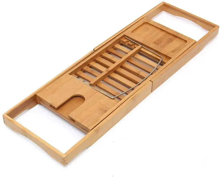 Expandable Bamboo Bathtub Caddy Adjustable Wooden Serving Tray and Organizer for Any Size Bath Tub