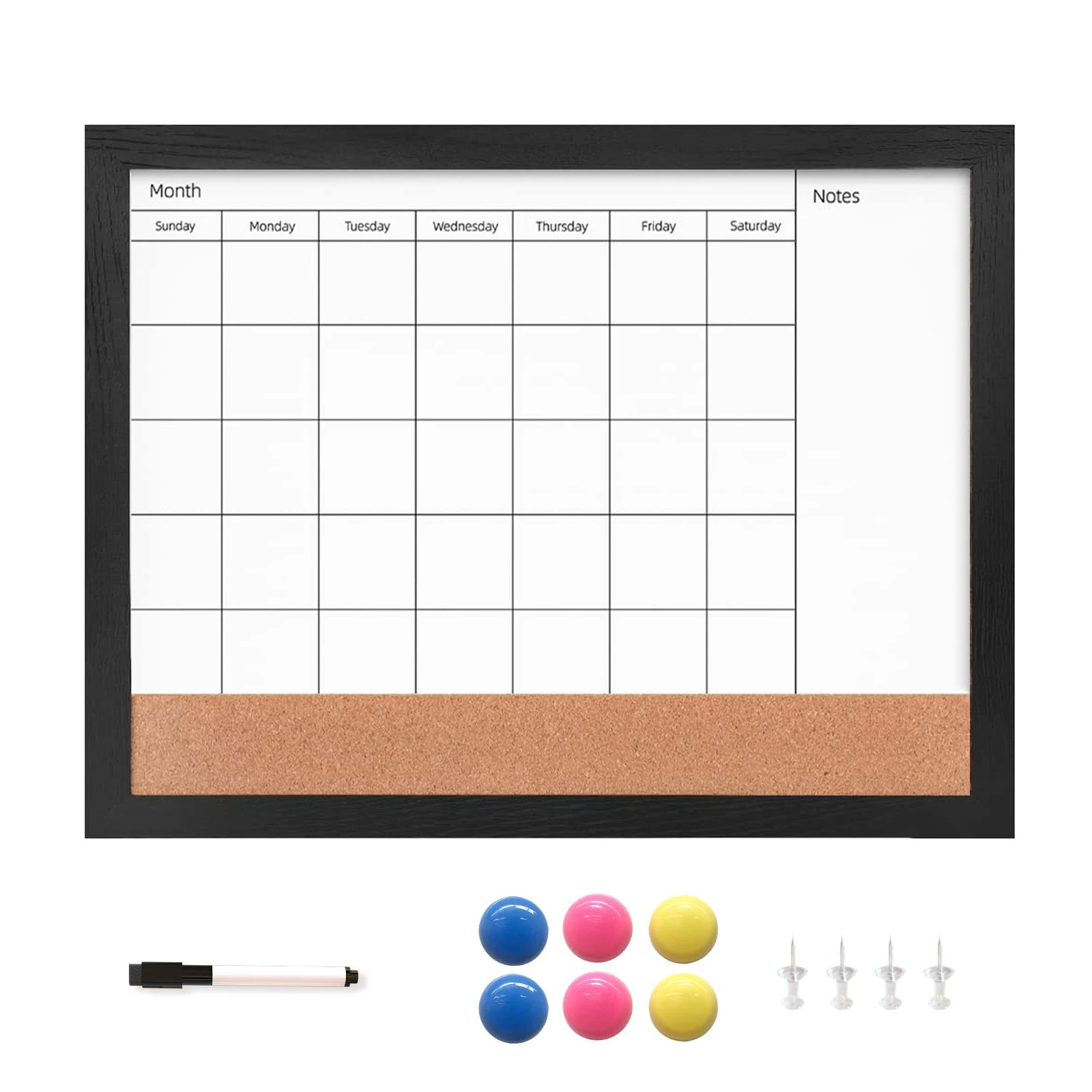 New Monthly Calendar Dry Erase Magnetic Surface  White Board  Cork Bulletin Board with Wood Frame for Wall