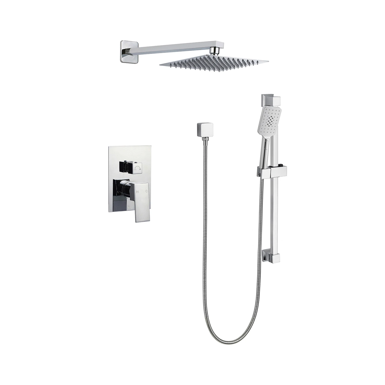 Shower System 12 Inch Rain High Pressure Shower Head Hand Held Square Head and Handheld Slide Bar Shower Faucets Sets