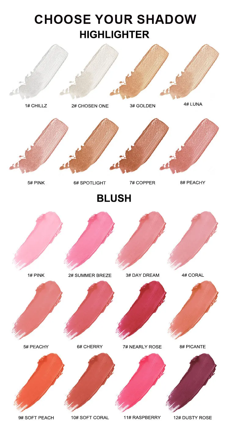 Two End Double Size 2 in 1 Organic Natural Matte and Shimmer DIY Colors Blush Stick Contour and Highlighter Pen Face Makeup