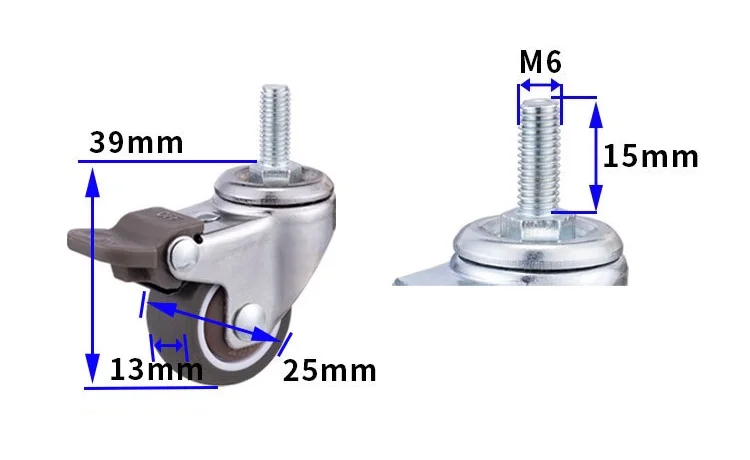 1 Inch 25MM M6 Threaded Stem Furniture Caster TPE Wheel Swivel Castor With Brake