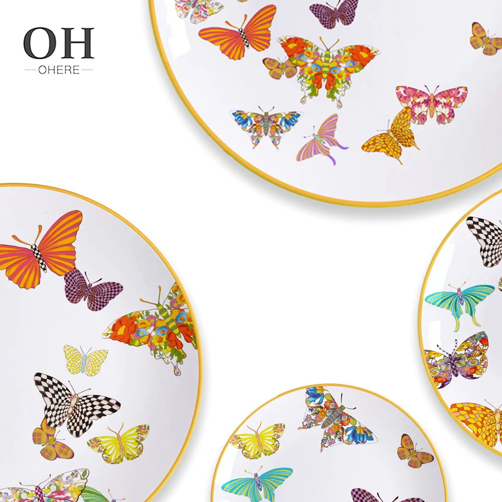 Colorful butterfly Ceramic Dish Gold Rim Ceramic Dinner Plate Set Bone China Charger Plate for Party Rent  Wedding Plates