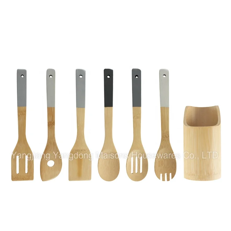 Maisons 7PCS Kitchen Accessories Spoons and Spatulas Set Bamboo Utensil with Holder