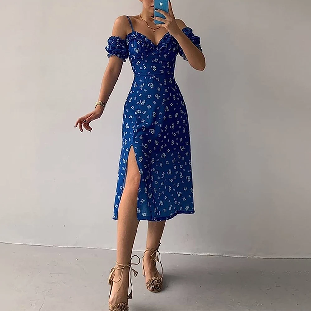HIgh Quality Summer Print Slit Woman Dress Irregular Off Shoulder Evening Lady Dress