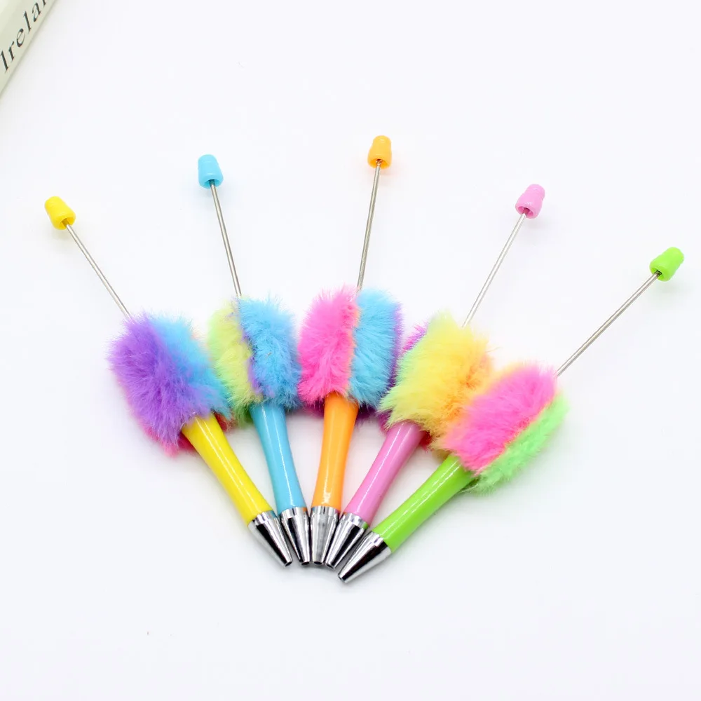 DIY colorful beadable pen  Cute Kawaii Pen Plush Fuzzy pompom as gift for girls and office Novelty pen