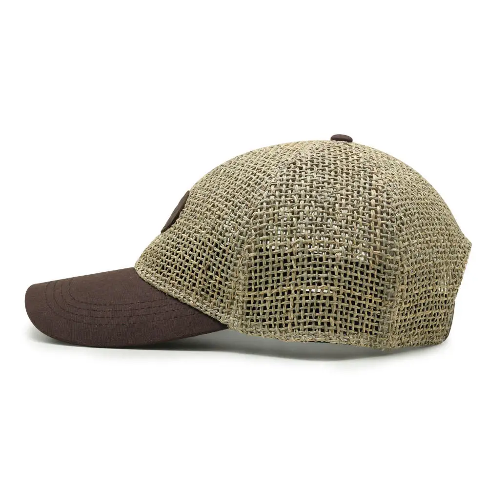 Custom grass fashion linen mesh cap patching logo breathable leather brim baseball cap