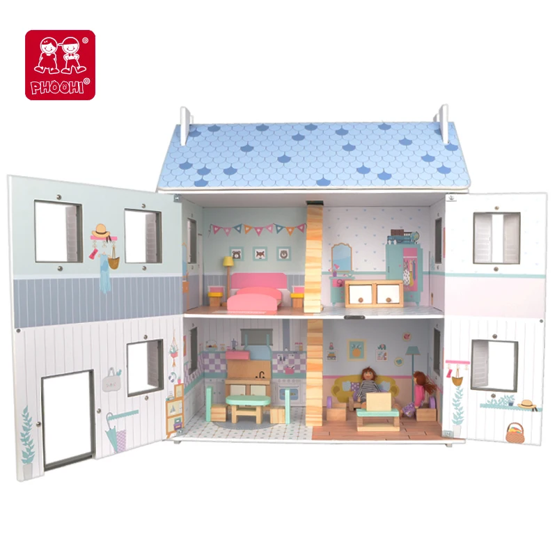 Wooden children wooden toy doll house for kids classic blue Doll House