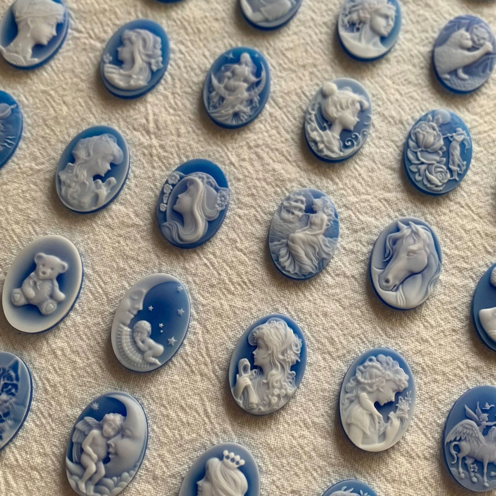 French Blue Agate Oval Cameo Cabochons Beauty Sea Goddess Lady Jewelry Findings