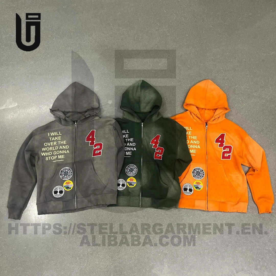 OEM Custom Logo Heavyweght Fabric Patches Embroidery Acid Wash Vintage Applique Rips Cut And Sew Sun Faded zip up Hoodie For Men