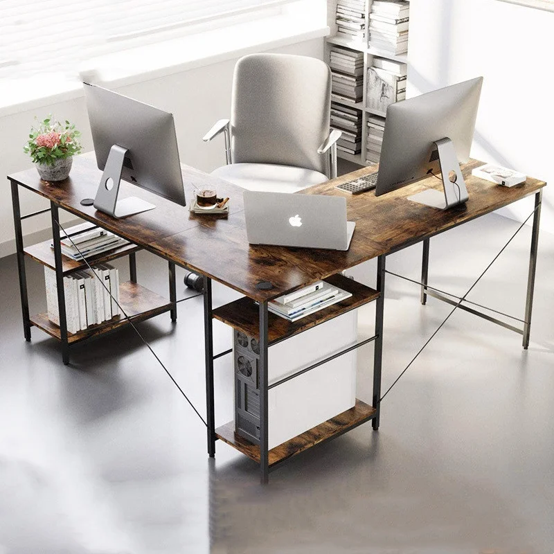 commercial modern l-shaped l shape home office corner computer table wood desk with shelv bookshelf hutch and printer