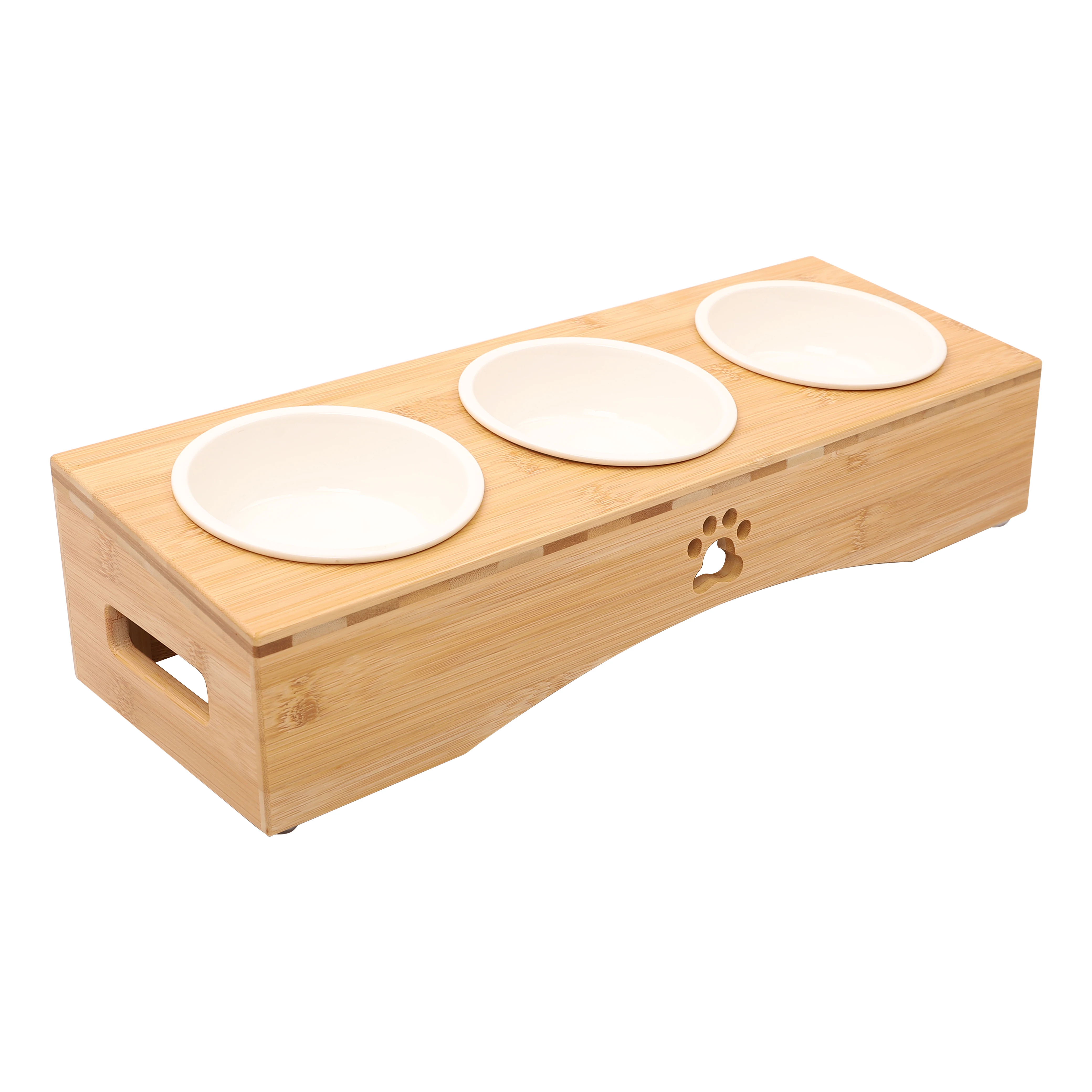 Home Elevated Triple Feeder Raised Pet Bowls with nature bamboo Stand for Cats and Small Dogs  Ceramic Cat and Dog Bowl Set