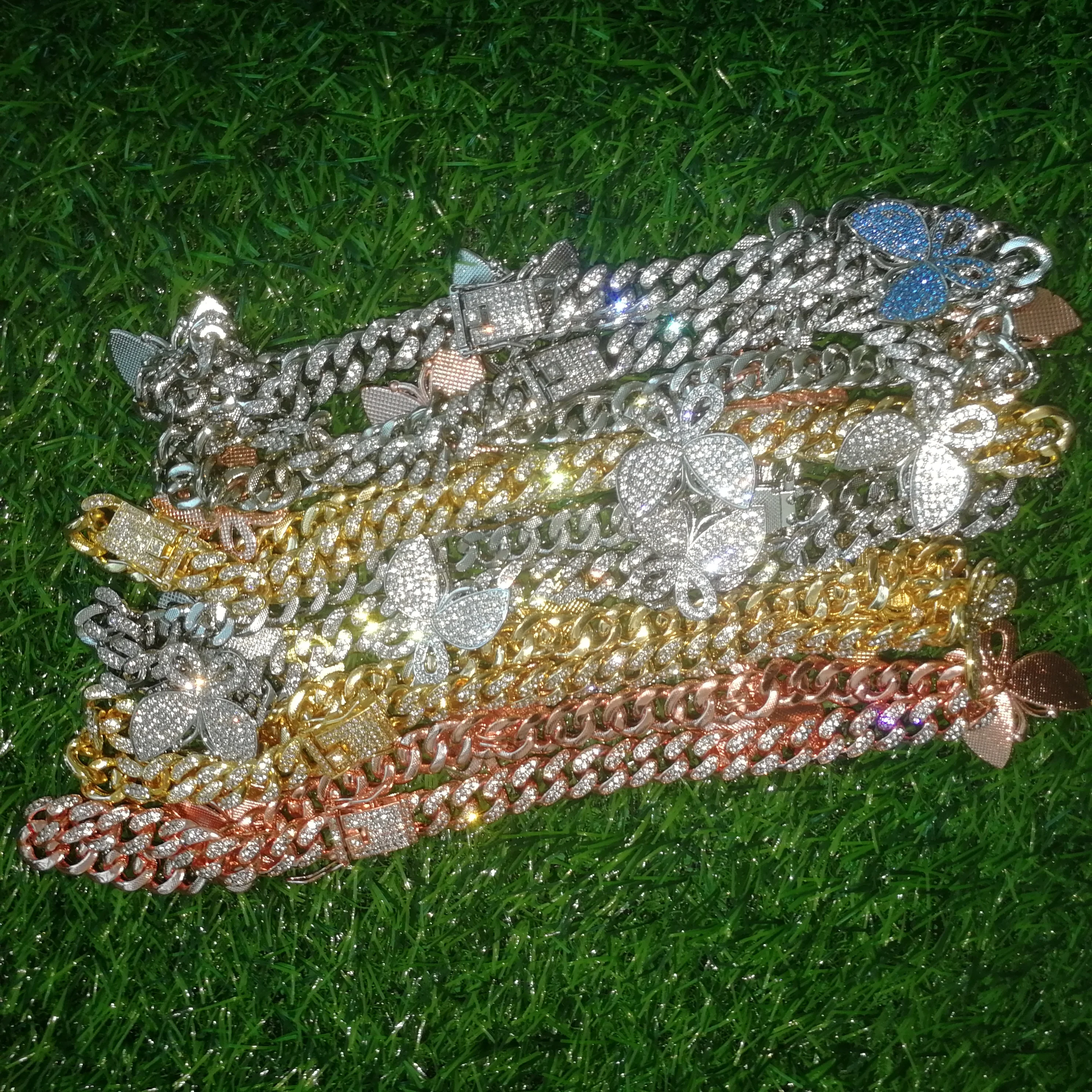 ICED OUT BLING hiphop women girl jewelry cuban link chain blue butterfly necklace