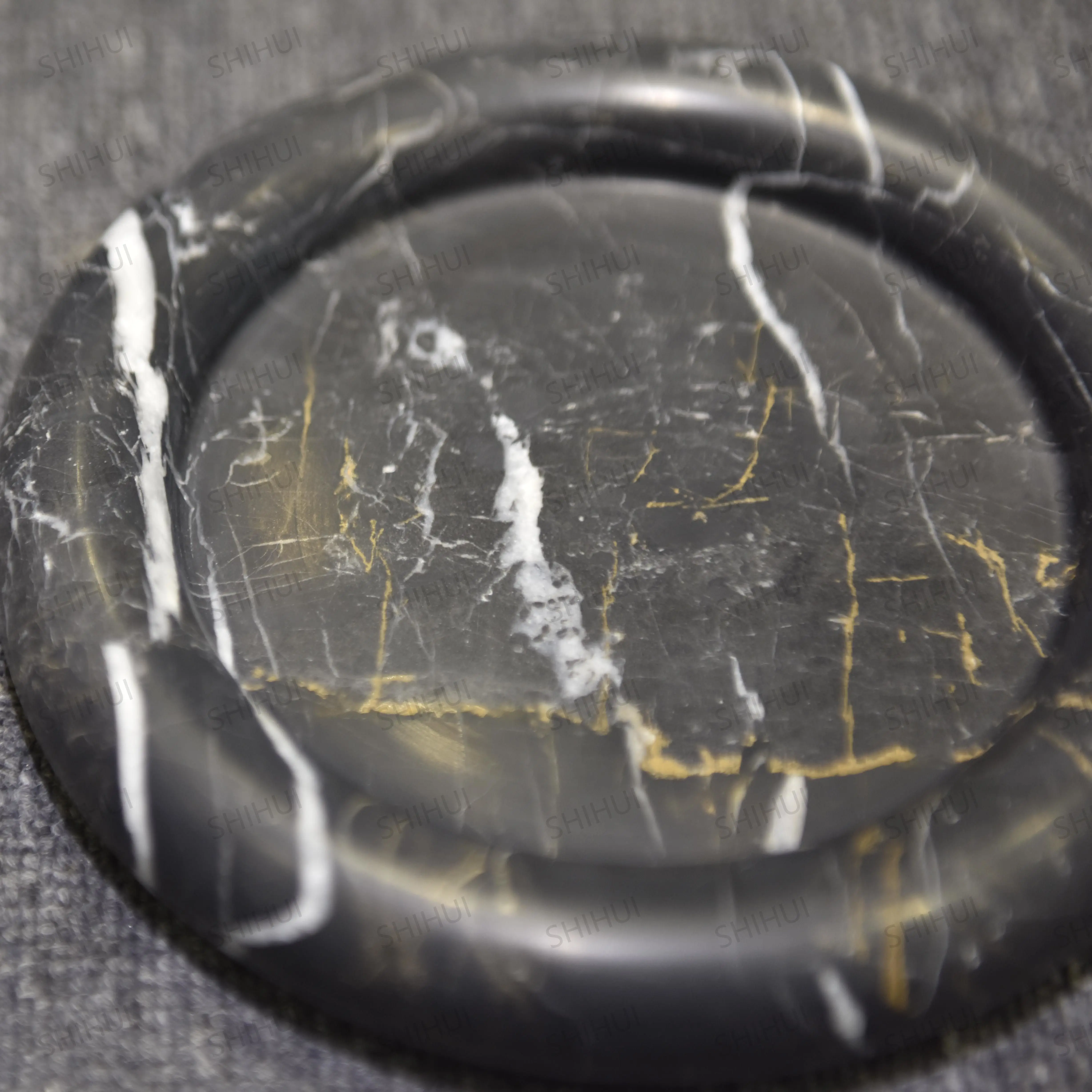 SHIHUI Wholesale Natural Stone Marble Decoration Craft Ornaments Round Shape Black Marble Bathroom Serving Tray