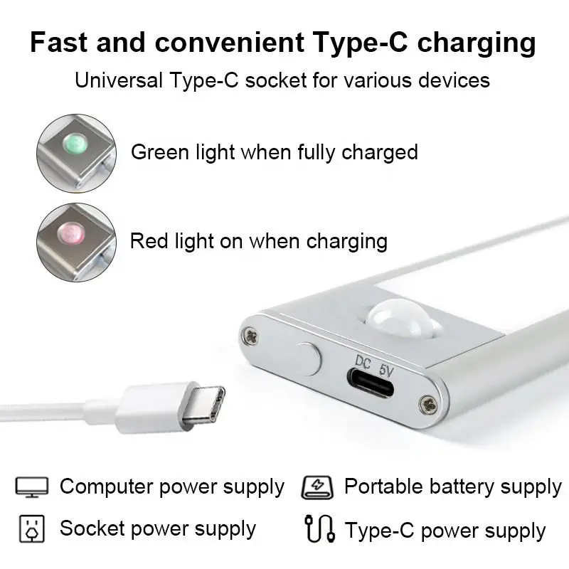 Ультратонкий 20 см 30 40 датчик движения PIR USB Перезаряжаемый светодиодный светильник под шкафом