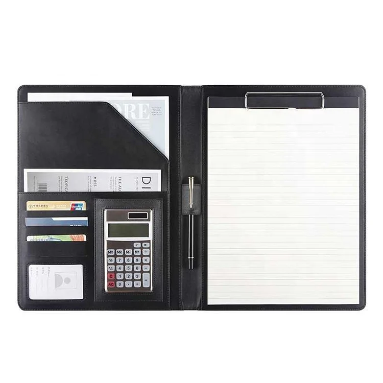 File Folder Handmade with Card Slots and Calculator PU Leather Portfolio