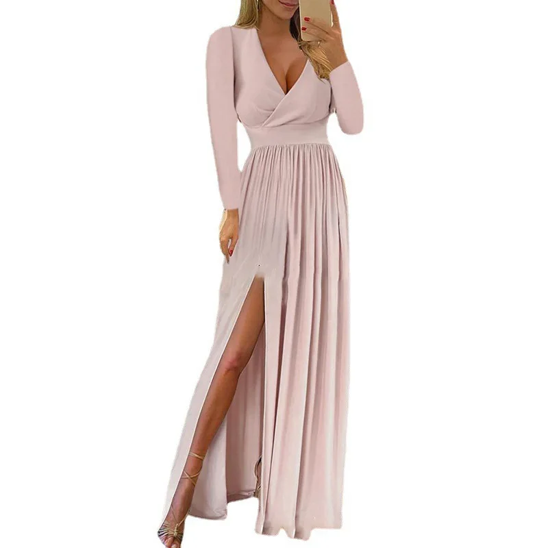 Summer Mid-Length A-Line Dress Long Sleeved V-Neck Solid Color  Cotton Chiffon Material Sustainable Hem Slit Dress