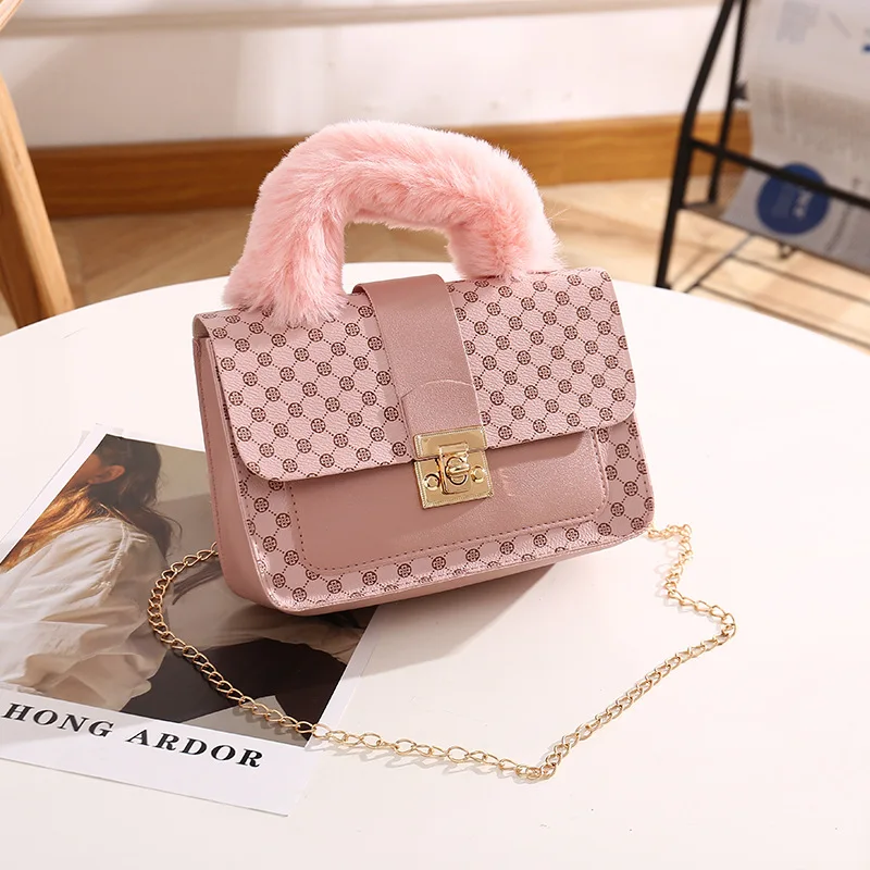 New 2024 Summer Handbags For Women Printing Pattern Outdoors PU Leather Plush Pink Gifty Hand Bags For Girls
