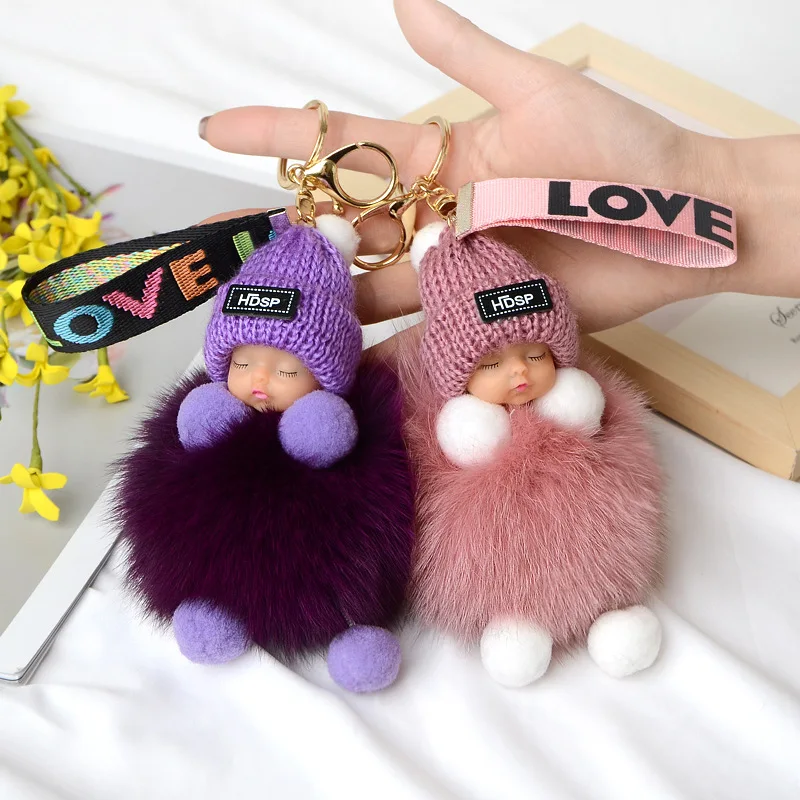 Wholesale Puff Ball Real Fox Fur Ball Pendant Key Chain Cute Sleeping Doll Plush Accessories Car KeyRing Pompom