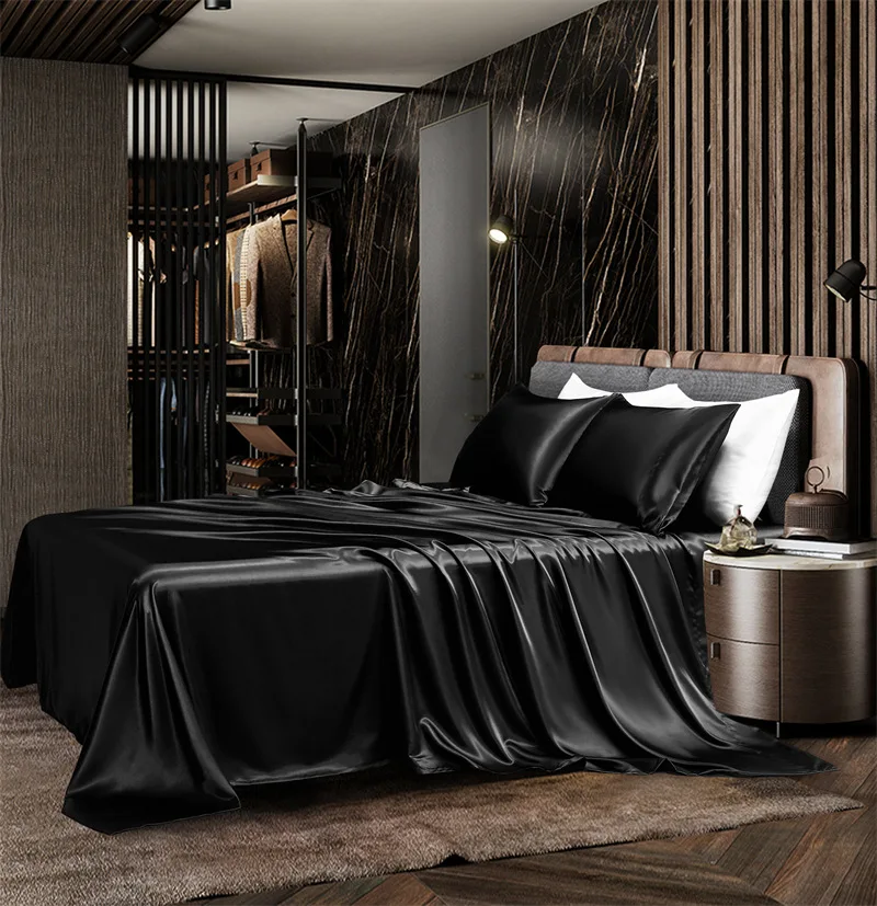 wholesale Luxury Customized bed set Silky Smooth Satin flat sheet Set bedding set 4 Piece