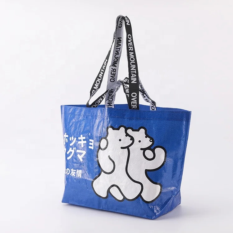 Custom Japanese style Cartoon Printed Eco Reusable Grocery Tote Large Recycled PP Woven Shopping Bag with Double Handle