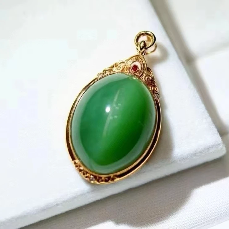 MEDBOO Fine Jewelry Factory Real 18k White Gold Egg Jewellery Classic Spinach Green Nephrite Hetian Jasper Jade Pendant.