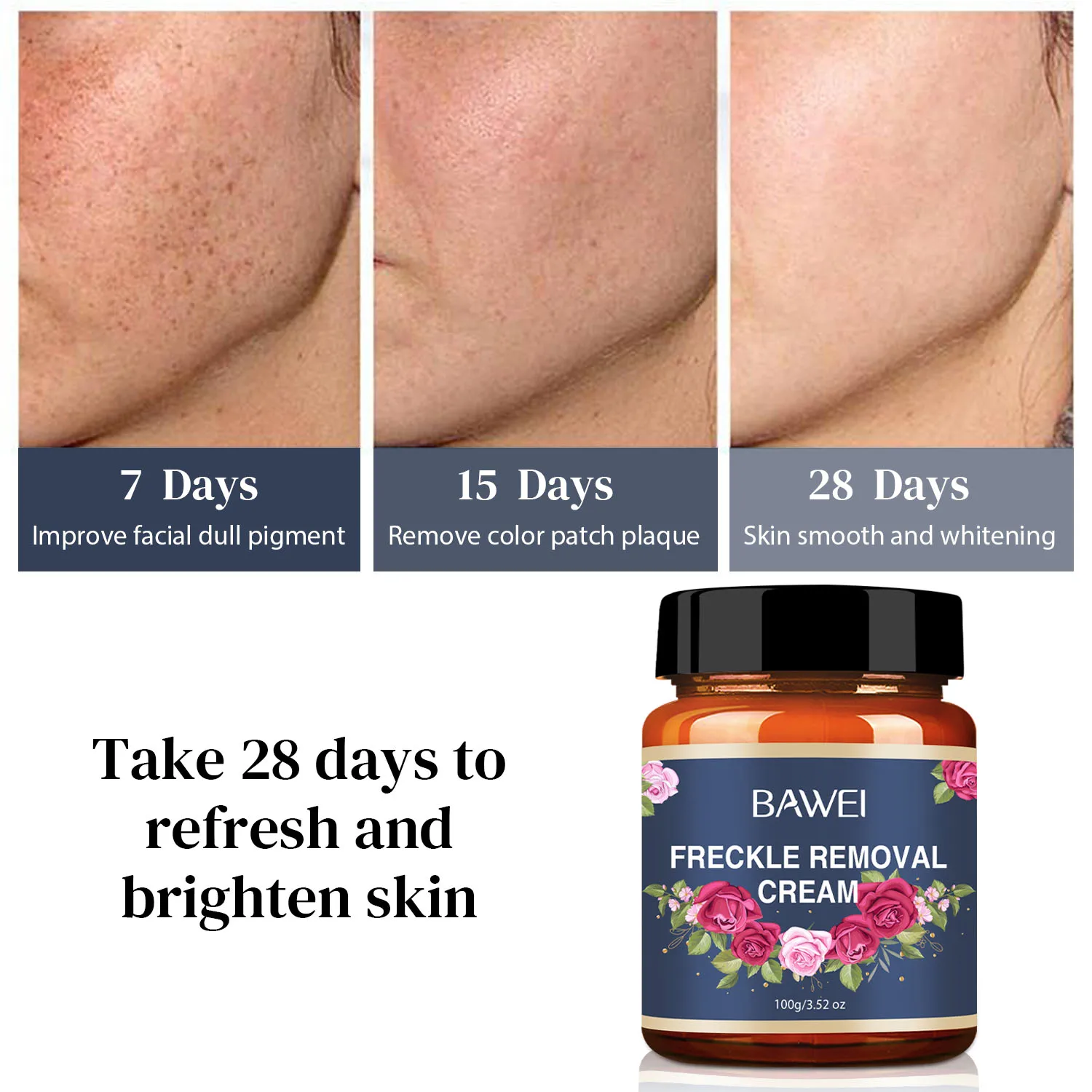 BAWEI Natural Skin Lightening Cream Rose Moisturizing Whitening Dark Spots Freckle Cream For Face and Body