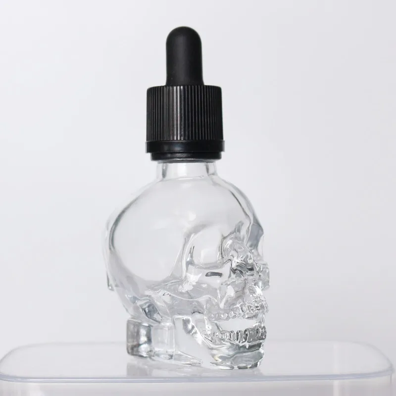 30ml 60ml 120ml Matte Black Skull Shape Glass Bottle Essential Oil Glass Dropper Bottle With Childproof Cap
