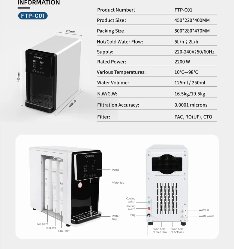 Filterpur 3 stages UV RO UF table top water dispenser hot and cold water purifier
