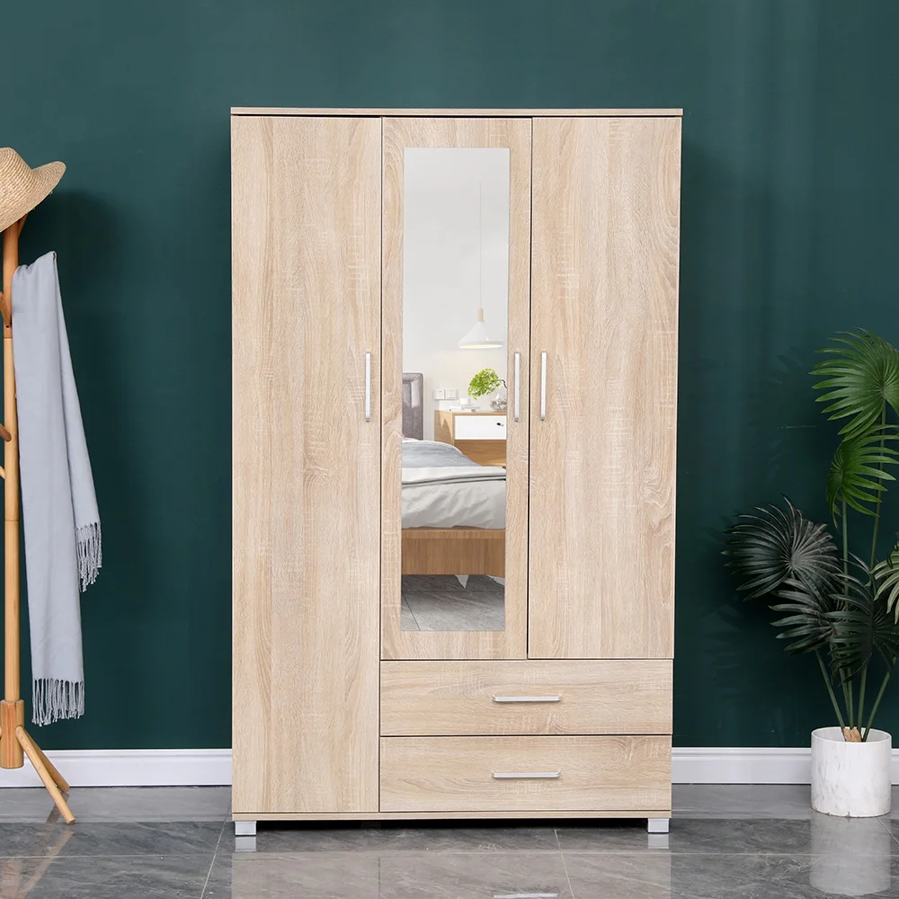 Hot Sale Modern Cheapest Wardrobe Simple  Wooden  3 door wardrobe with 2 drawers  Closet With Mirror
