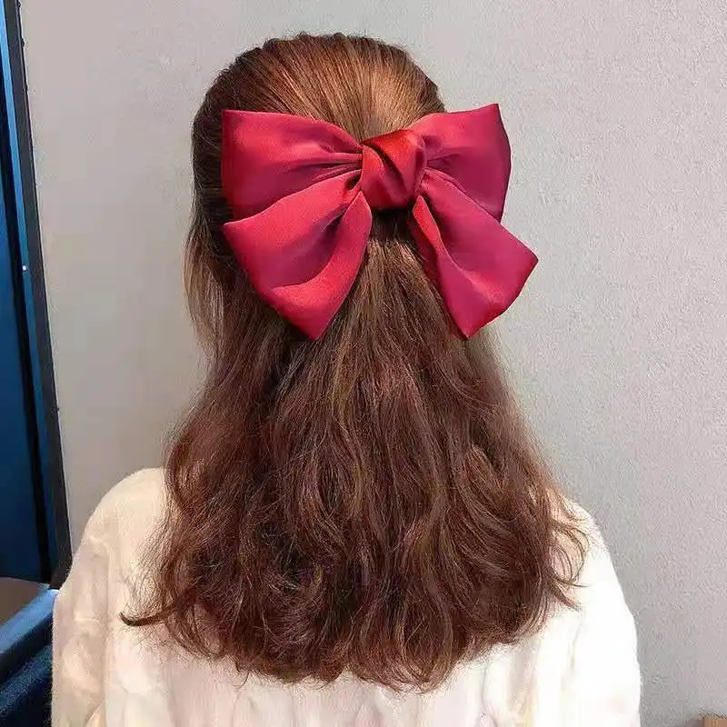 Hot Sale New Colors Red Barrettes For Baby Girls Children Oversized Bow Satin Hair Clip Accessories