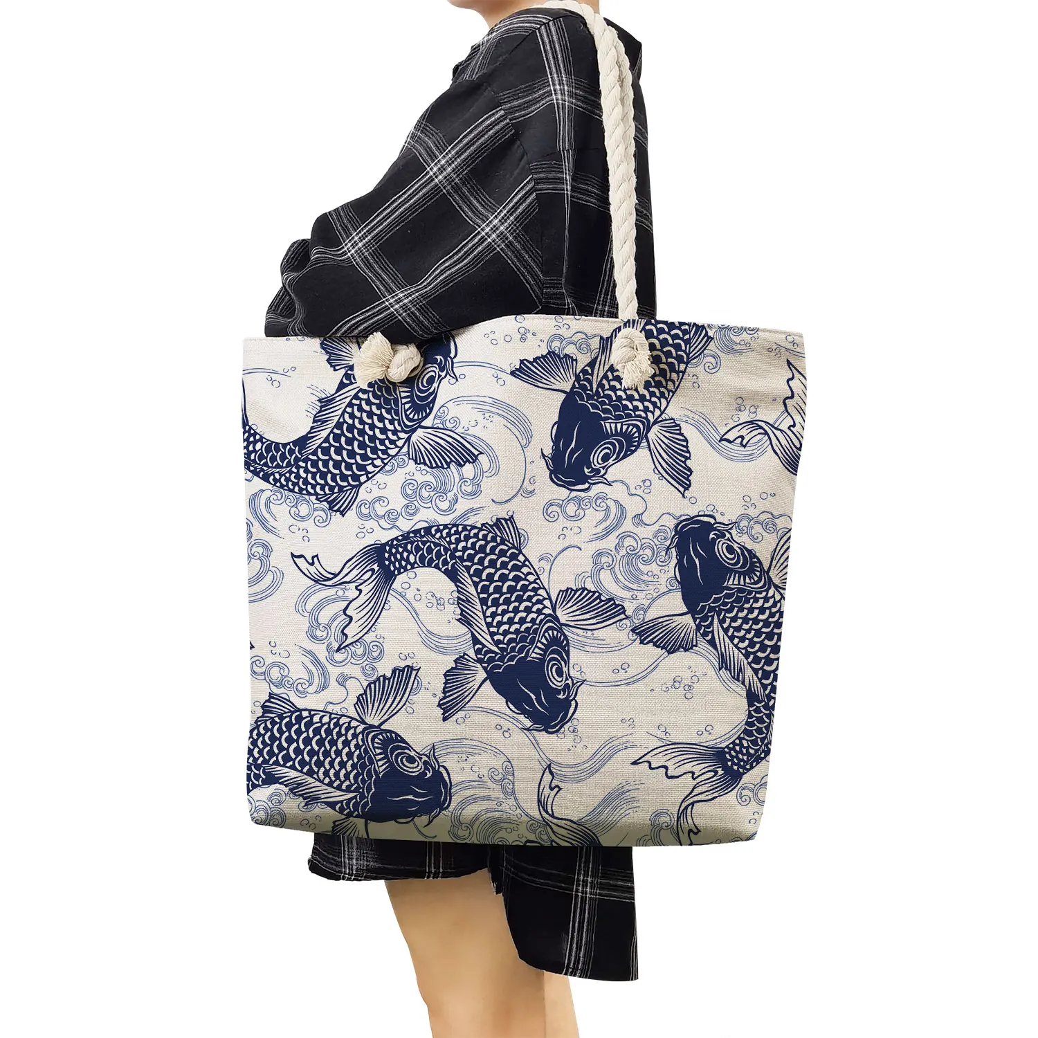 Custom Wholesale Brocade Carp Print Handbags Fashion Travel Beach Bags Fish Tote Women Shoulder Bags Large Capacity Shopping Bag