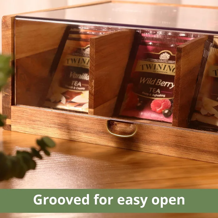 Custom Large 6 Compartments Tea Chest  Organizer Acacia Wood Tea Bags Storage Box With Acrylic Transparent Hinged Lid