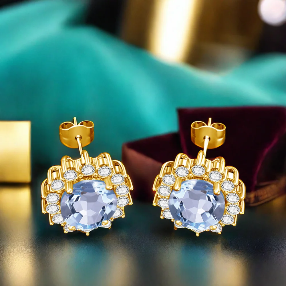 Luxury Cocktail Party Sunflower Design bijoux Oval Aquamarine Sterling Silver 14k gold plated silver stud earrings for women