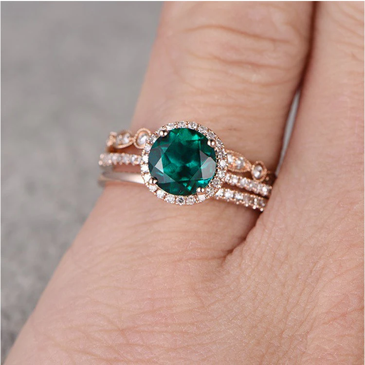 Top sell exquisite  14k rose gold three pieces ring sets for woman engagement emerald diamond ring for girls