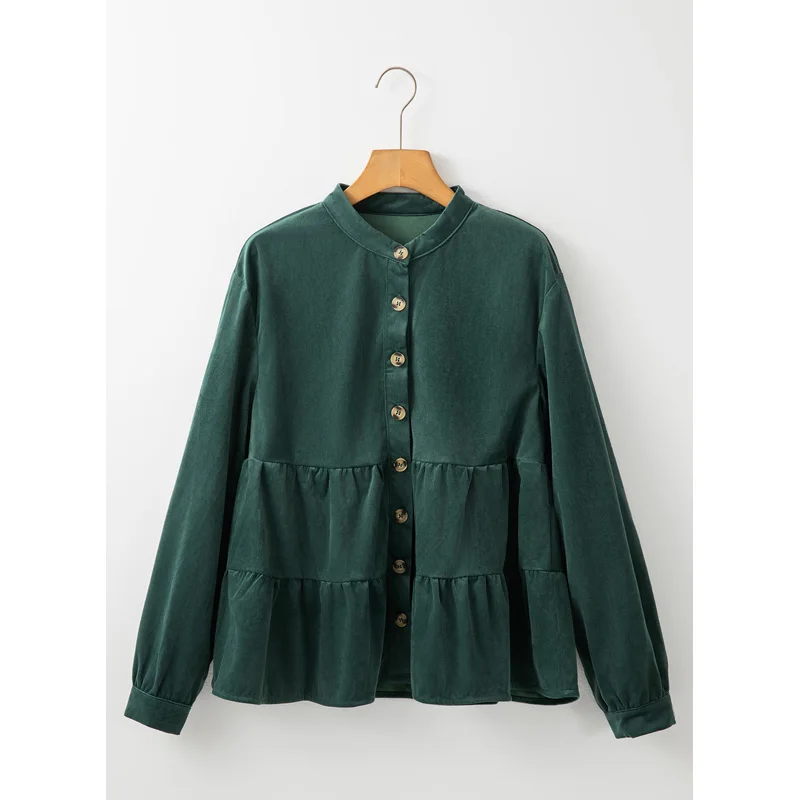 Dear-Lover Wholesale Fashion New Corduroy Ruffle Tiered Buttoned Polyester Vintage Blanks Casual Womens Long Sleeve Shirts