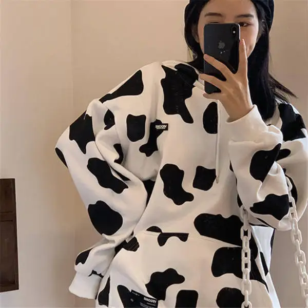 
Autumn fashion new style ladies clothing loose Hong Kong style cows full print all-match hooded sweater women hoodies for women 
