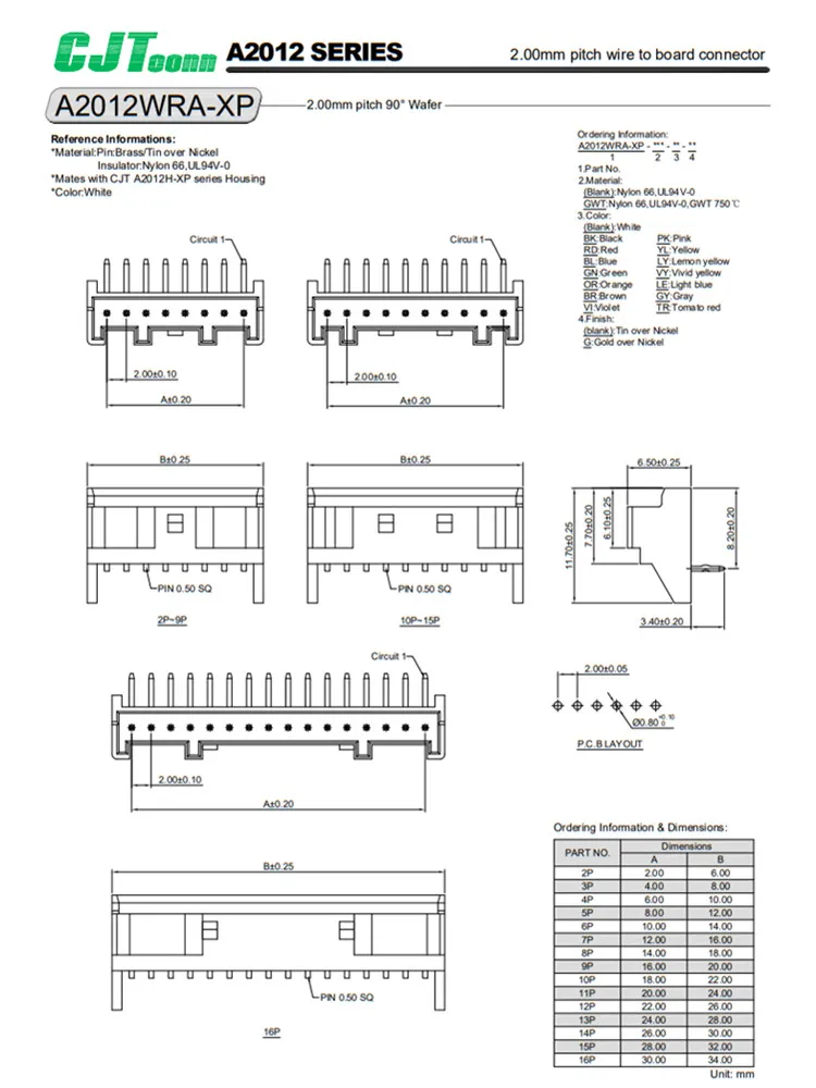 CJTconn A2012 2.00mm Pitch B02B-PASK right angle pcb connector 6 pin 8 pin 3 pin connector