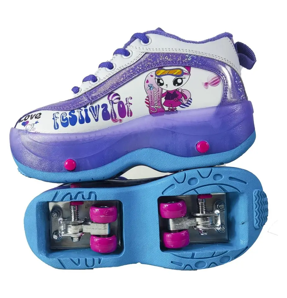 Top Light Up Children Retractable Kick Roller Skates Shoes with Retractable 4 Wheels