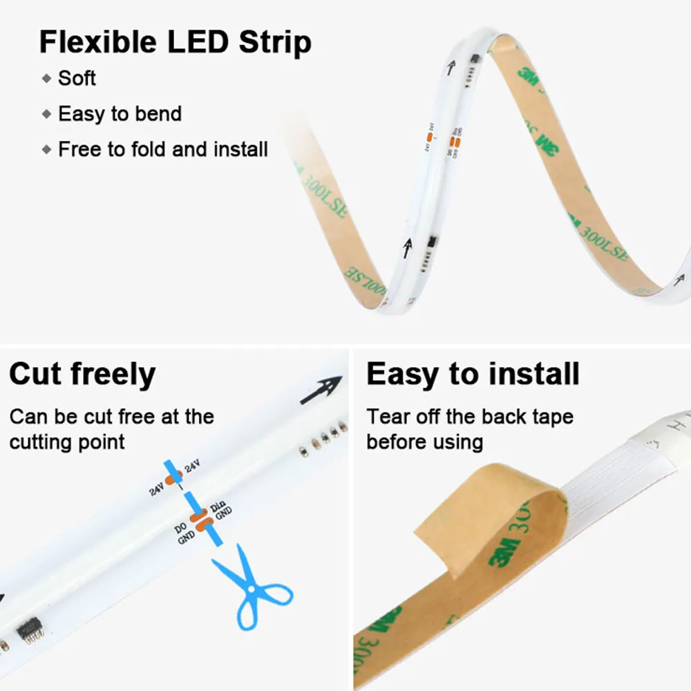 Addressable COB Chasing Running 720led RGBIC COB LED Tape 12v 24v APP Control Smart RGB COB LED Strip Light for Home Room Decor