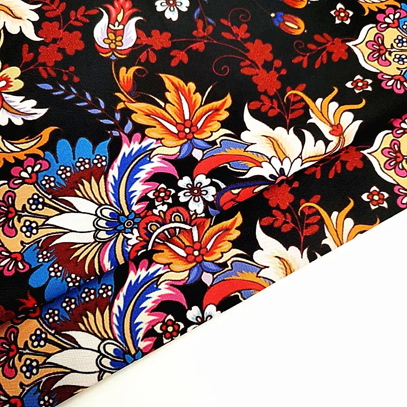 YH8-8510 Hot Sale Bohemian Style Black Ground Colorful Pattern Retro Big Floral Paisley Digital Printed Suits Lining Fabrics