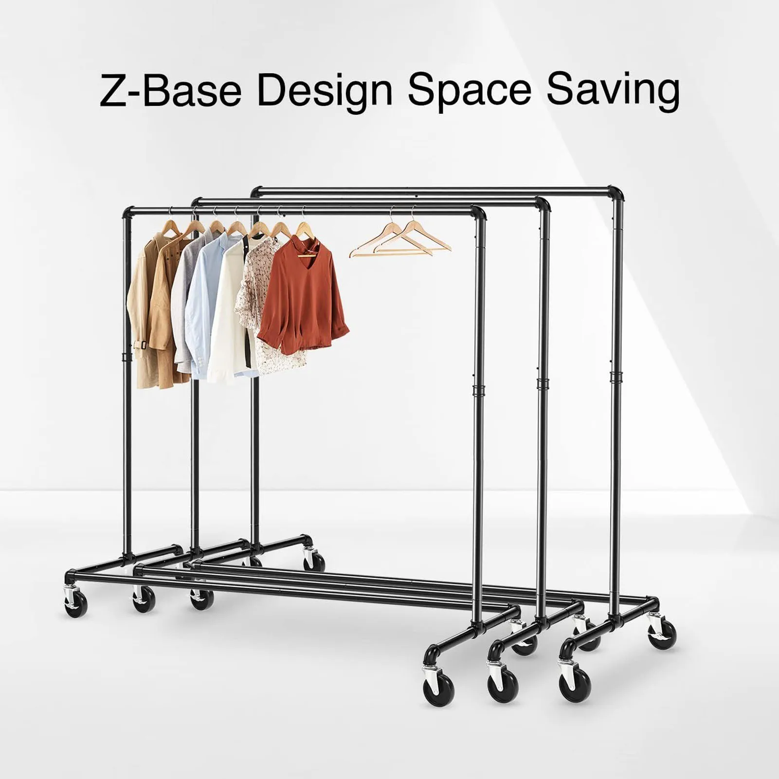 Heavy Duty Sturdy Metal Rolling Clothing Coat Rack Holder Garment Rack Industrial Pipe Clothing Rack on Wheels with Brakes