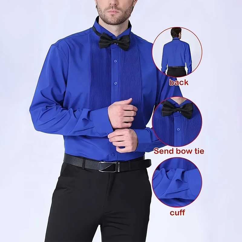Mens Ruffled Tuxedo Shirts Stretch French Bow Tie Pleated Tops Mandarin Collar Blouse Slim Fit Wedding Outfits Formal Shirt